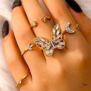 New 5 PCS Adjustable Rhinestone Butterfly Moon Ring Set